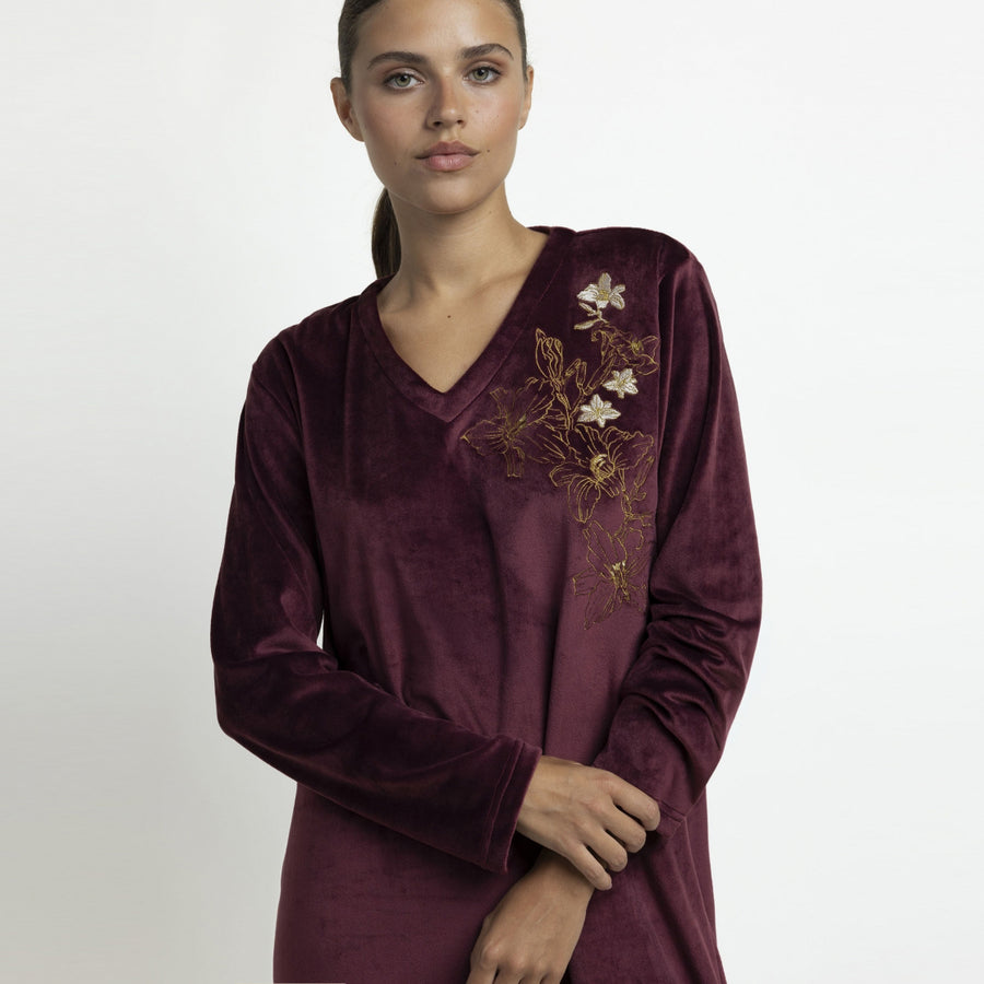 61546-0 - Canotta da donna a maniche lunghe in ciniglia con fiori bianchi e bordeaux