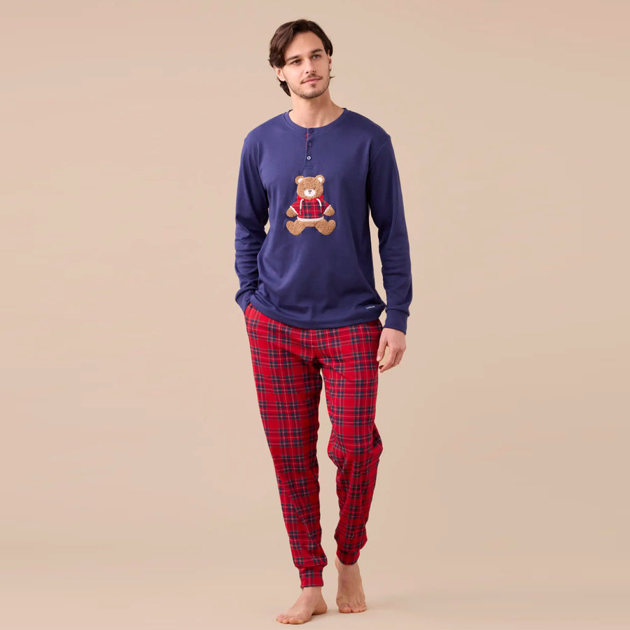 FC3150 - Pigiama uomo caldo cotone con orso e pantaloni scozzese