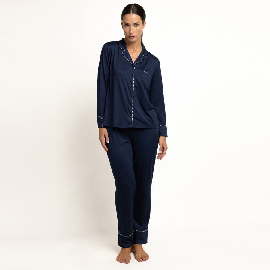 64594-0 - Pigiama aperto in morbida maglia colletto a revers e pantaloni lunghi