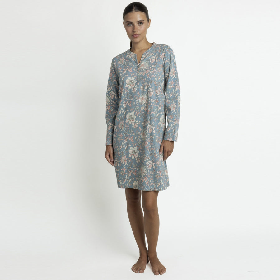61534-0 - Camicia da notte scollo a V serafino in caldo cotone stampato a fiori