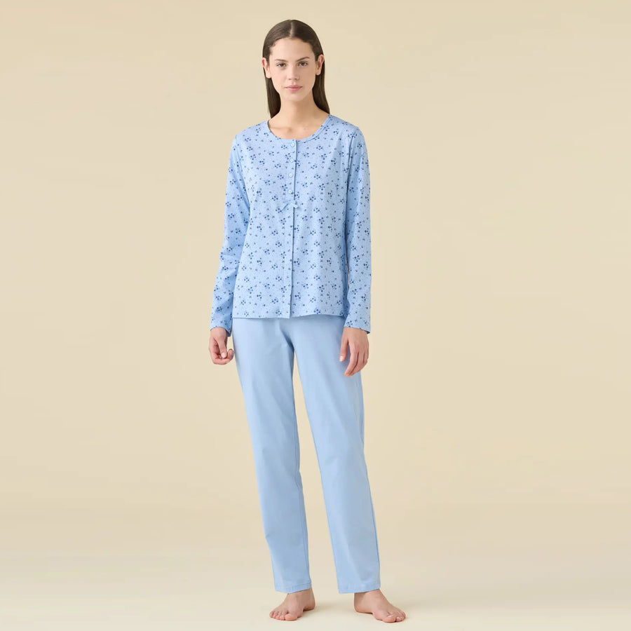 FA9521AB - Pigiama calibrato donna estivo aperto sul davanti con pantalone lungo