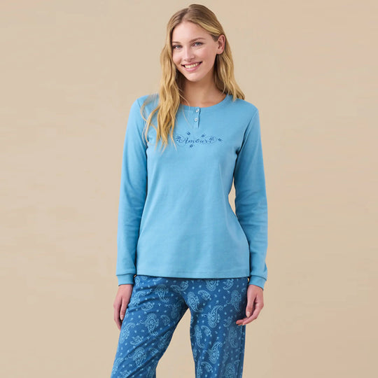 FA9266 - Pigiama donna caldo cotone fantasia cachemire con polsini