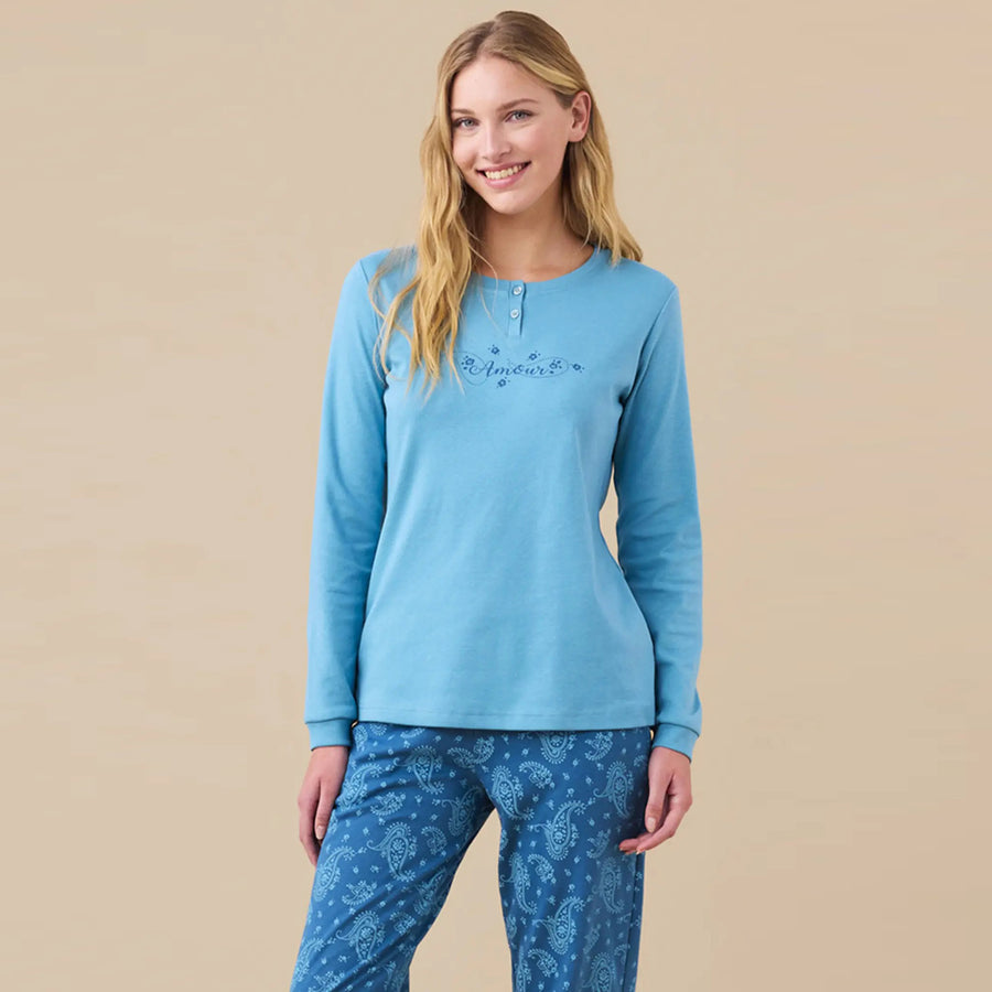 FA9266 - Pigiama donna caldo cotone fantasia cachemire con polsini