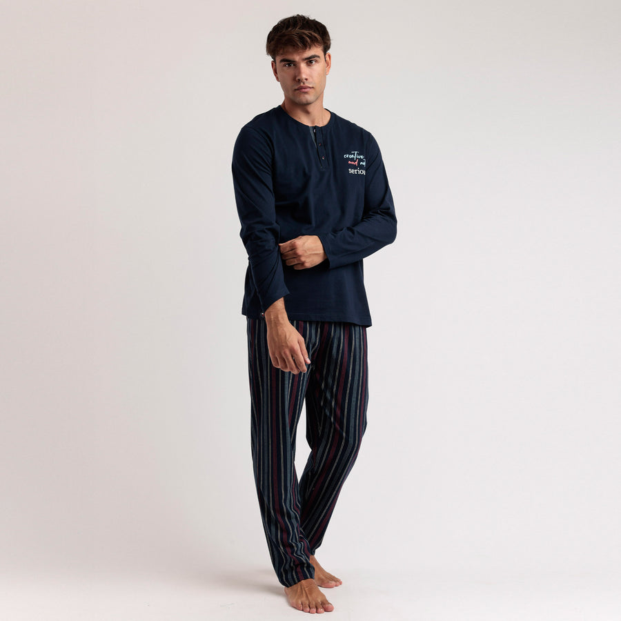 Pigiama Admas manica lunga con maglia tinta unita e pantalone rigato - 63135-0