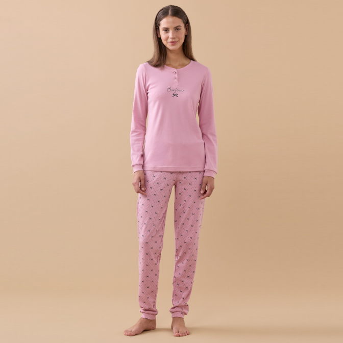 FA9733AB - Pigiama caldo cotone pantalone lungo con polsino bonjour fiocco Noidìnotte