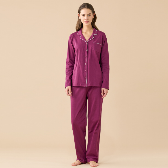 FA9915AB - Pigiama donna jersey invernale, top con abbottonatura sul davanti con profili a contrasto e pantalone lungo