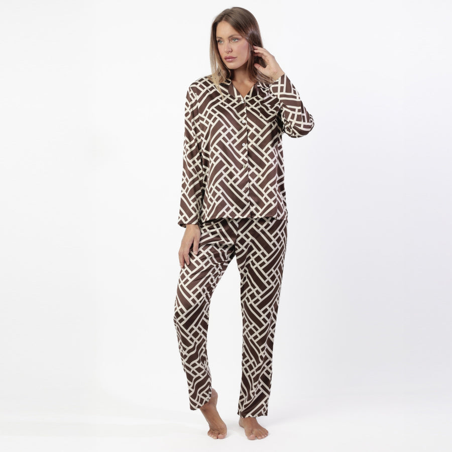 Pigiama donna manica lunga in raso modello camicia aperto - 64097-0