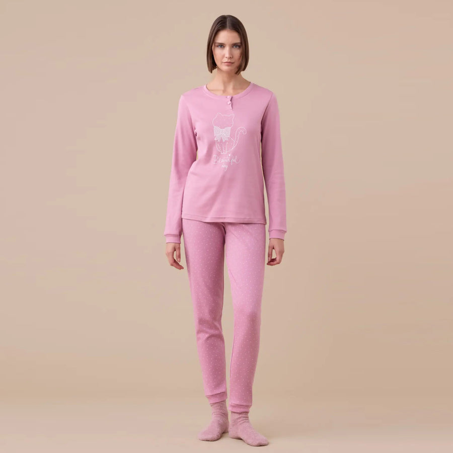 FA9185 - Pigiama donna invernale in caldo cotone con gattino