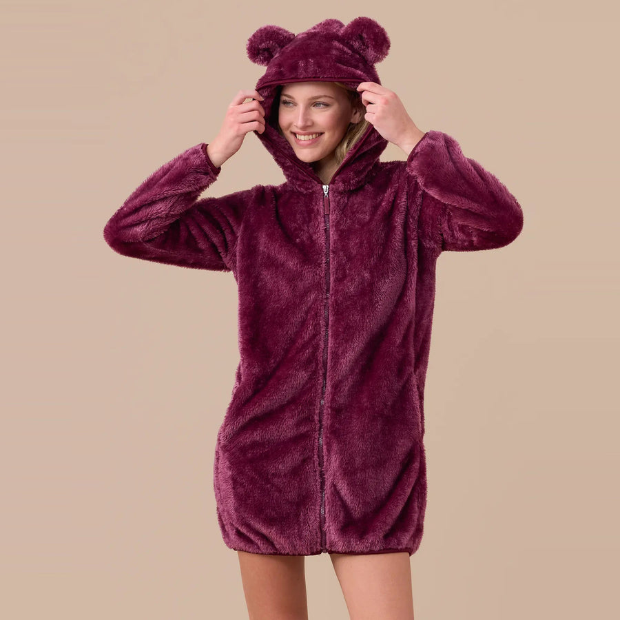 GE3013 - Vestaglia donna in eco pelliccia con simpatiche orecchie