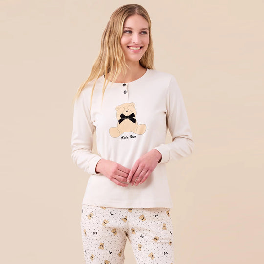 FA9251 - Pigiama donna in caldo cotone con stampa orsi e fiocchi