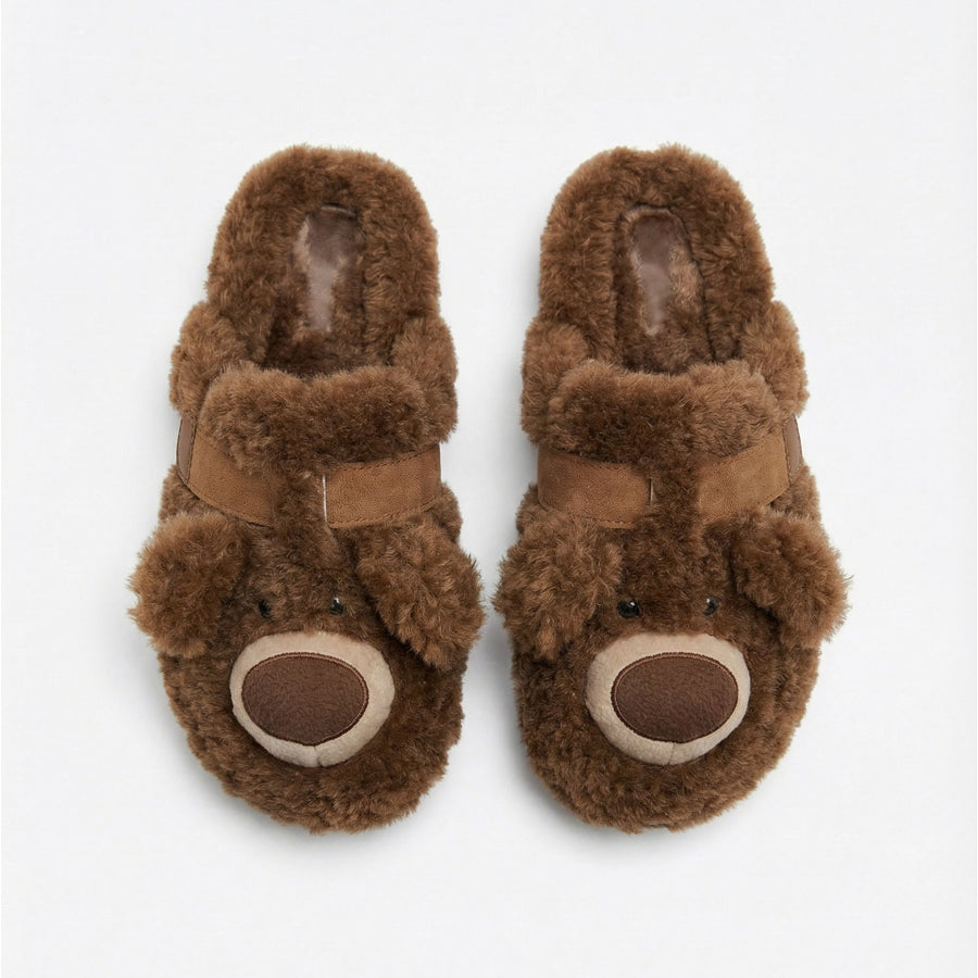 69209-0 - Pantofole da donna marroni con un design sherpa ispirato a un orso.