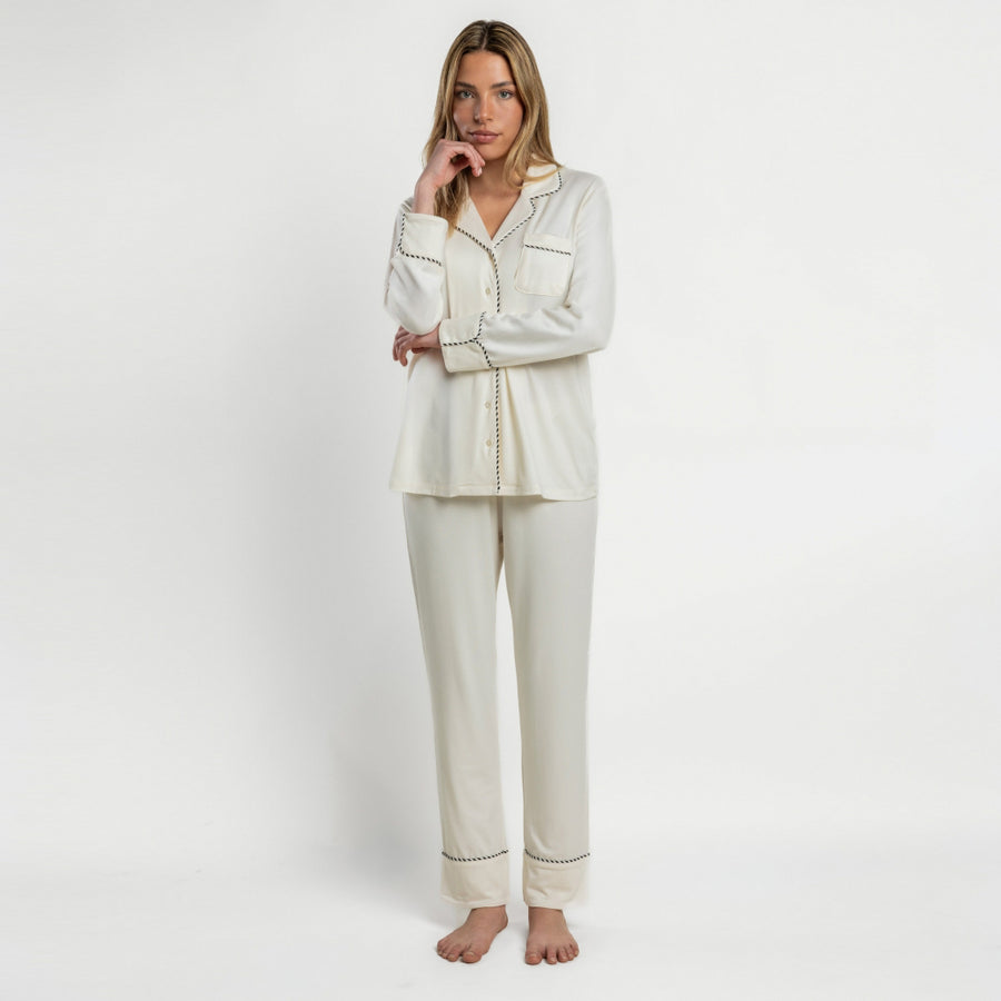 64594-0 - Pigiama aperto in morbida maglia colletto a revers e pantaloni lunghi