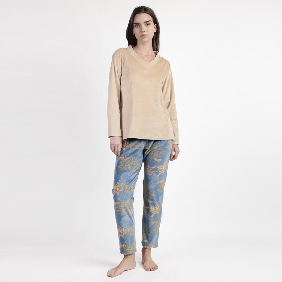 63641-0 - Pigiama in coral scollo a v pantalone floreale