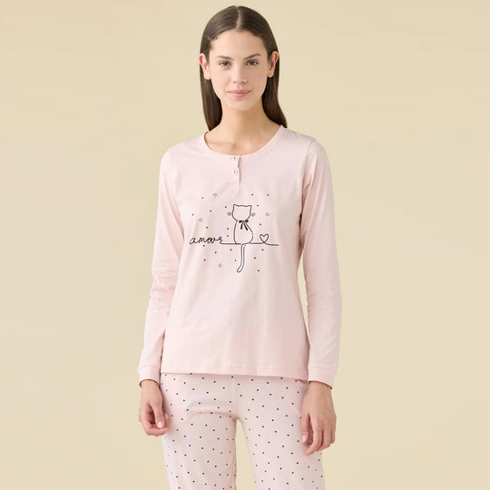 FA9464AB - Pigiama donna manica lunga con collo a due bottoni