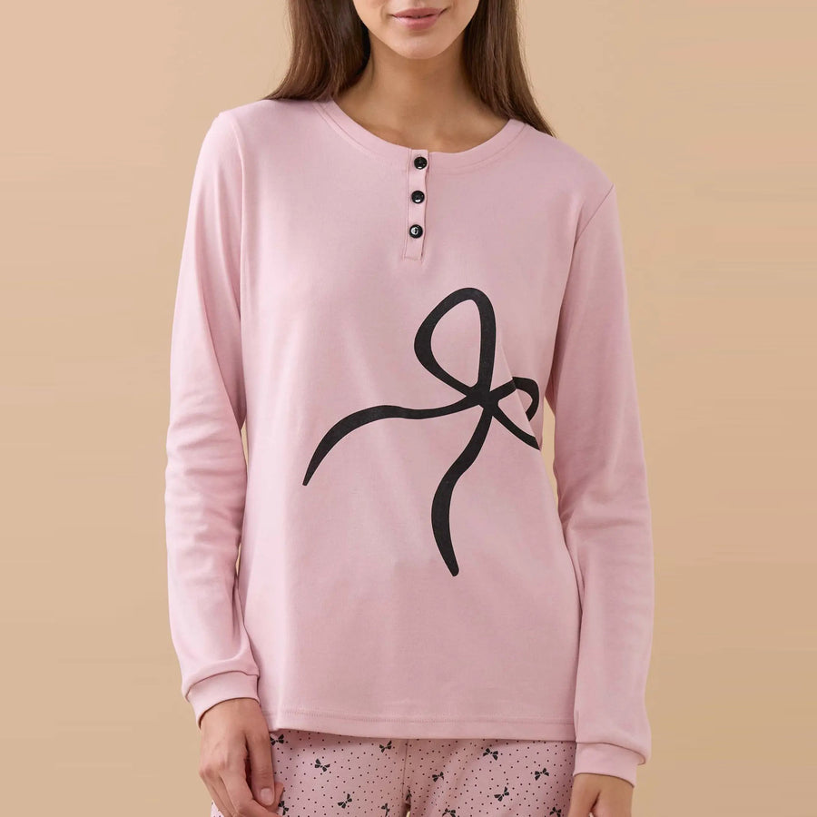 FA9250 - Pigiama donna caldo cotone big fiocco con polsini
