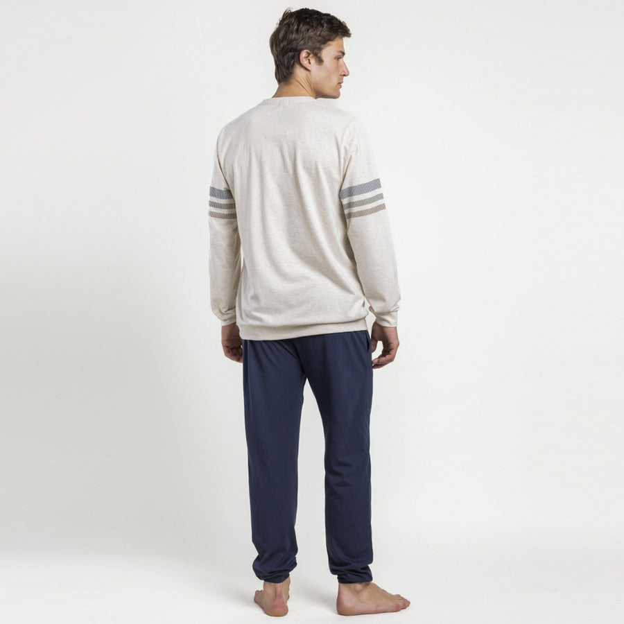 64844-0 - Pigiama caldo cotone beige a maniche lunghe