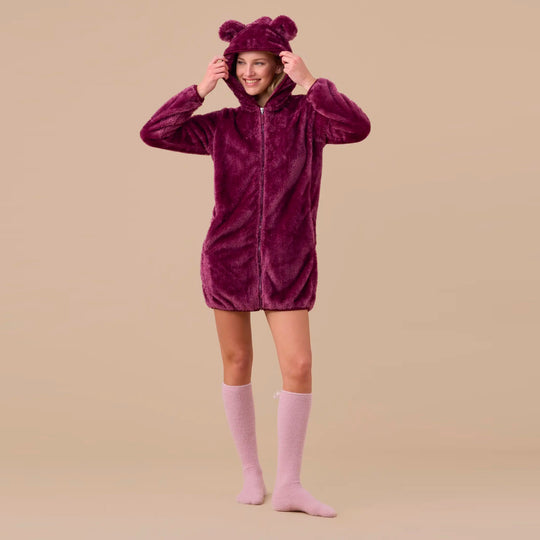 GE3013 - Vestaglia donna in eco pelliccia con simpatiche orecchie