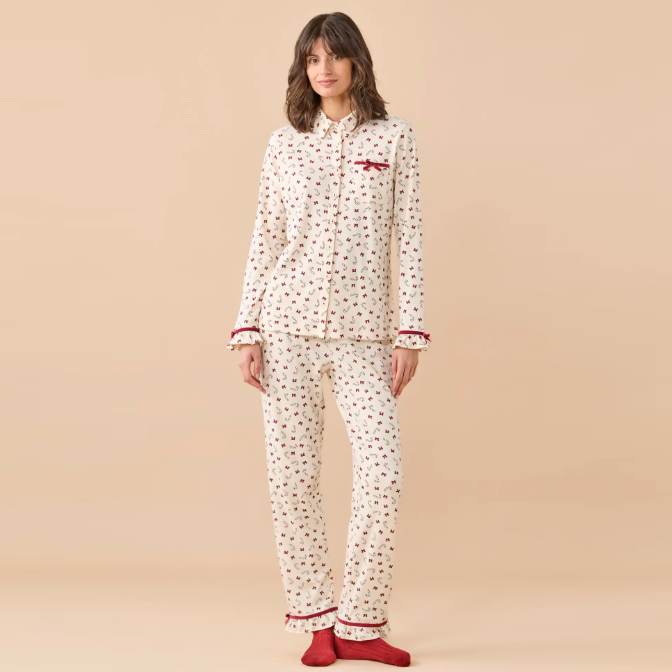 FA9815AB CANDY - Pigiama donna invernale in caldo cotone con pantalone lungo con rouches.