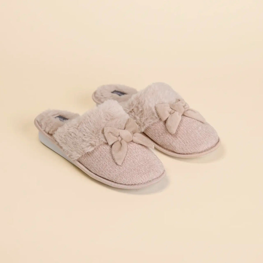 PF3116 - Pantofola donna in ciniglia ed eco-pelliccia articolo fiocco