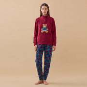 FA9386 -Pigiama in pile con orsetto ricamato scozzese