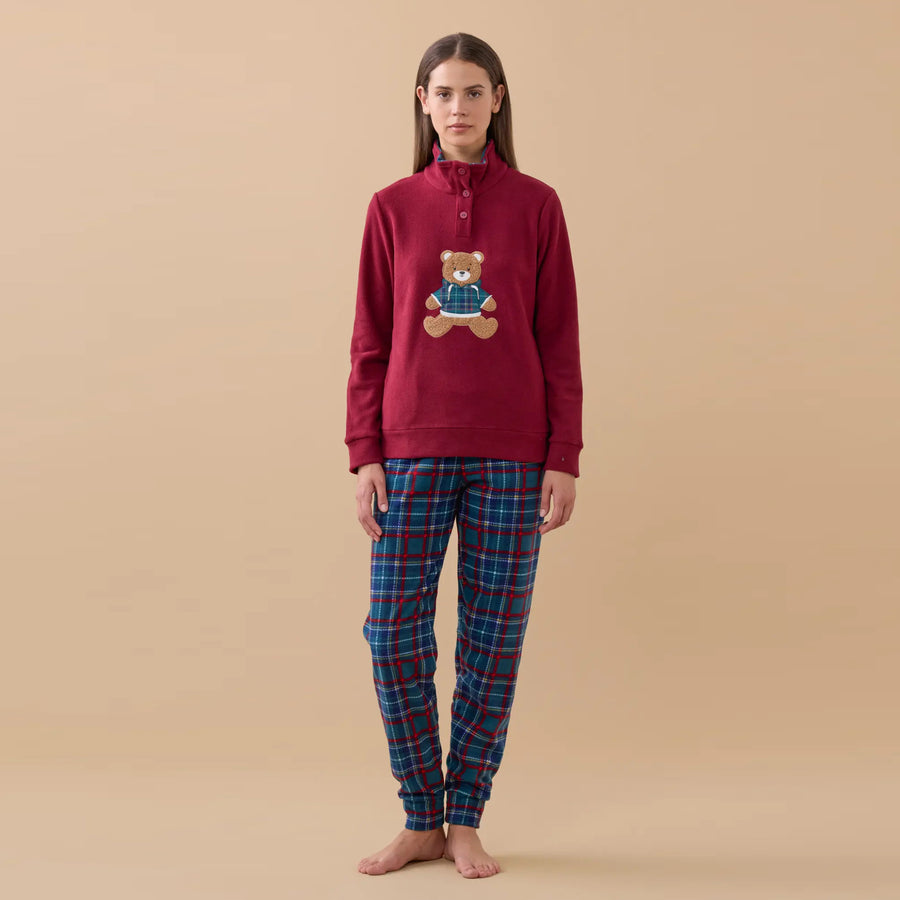 FA9386 -Pigiama in pile con orsetto ricamato scozzese