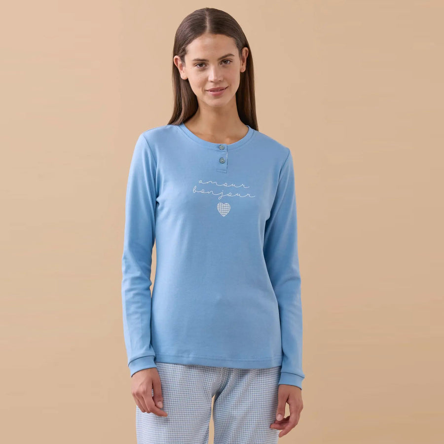 FA9188 - Pigiama donna caldo cotone Bonjour amour con polsini