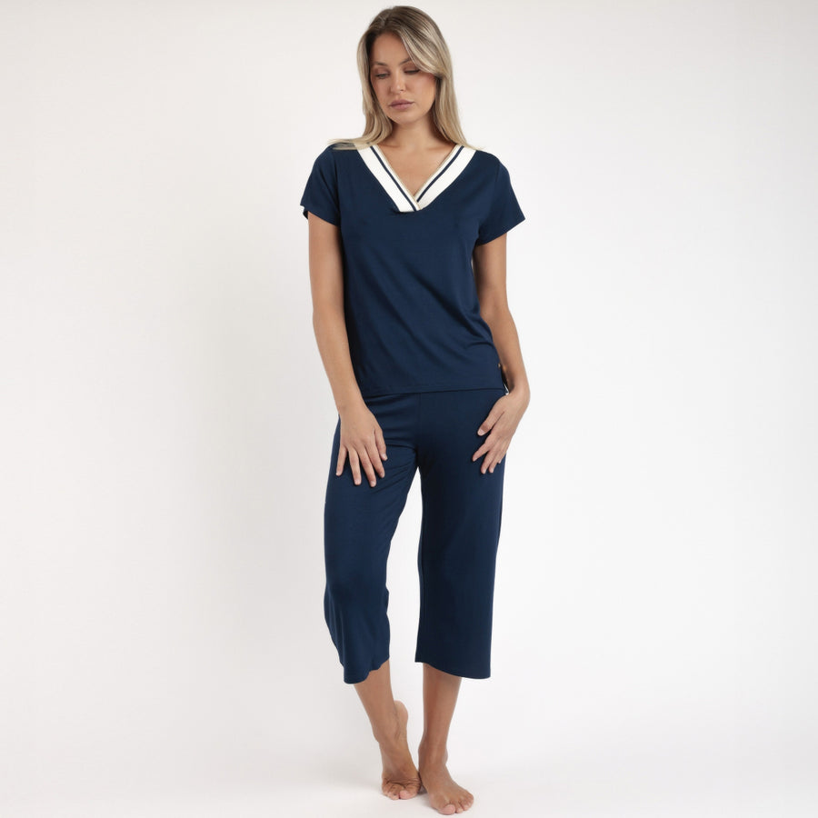 Pigiama mezza manica con dettaglio lurex e pantalone pescatora - 63053-0