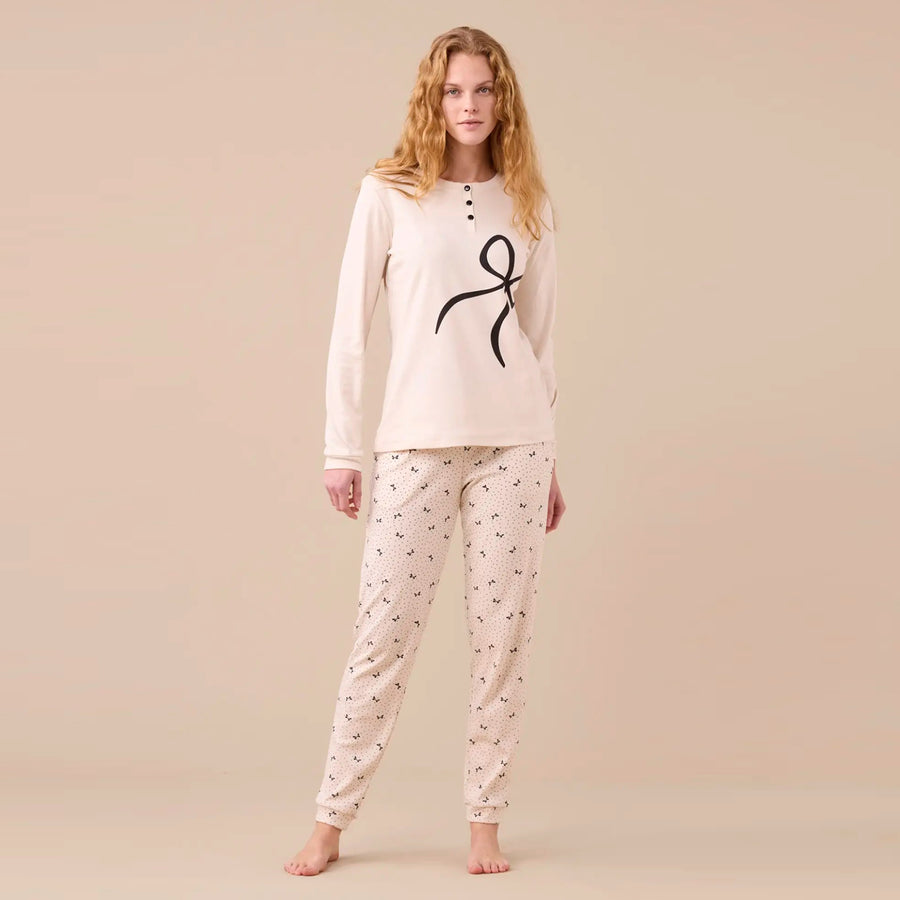 FA9250 - Pigiama donna caldo cotone big fiocco con polsini