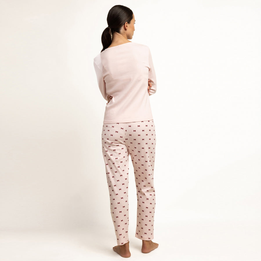64625-0 - Pigiama caldo cotone pantalone fioccehtti e maglia a costine fiocco
