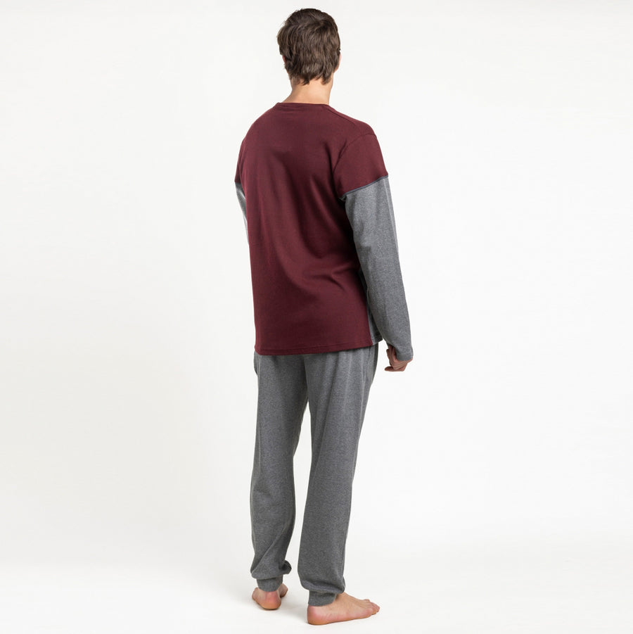 64518-0 - Pigiama a maniche lunghe con maglia bordeaux mélange con dettagli in rilievo