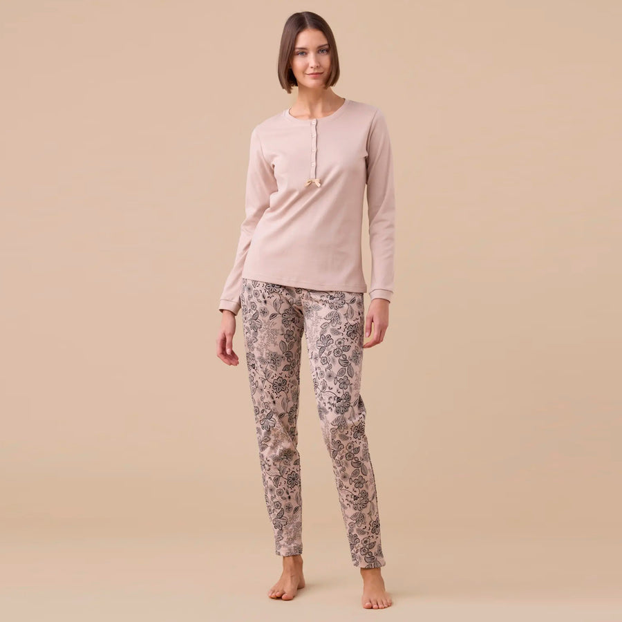 FA9265 - Pigiama donna in caldo cotone con pantalone fantasia e maglia tinta unita