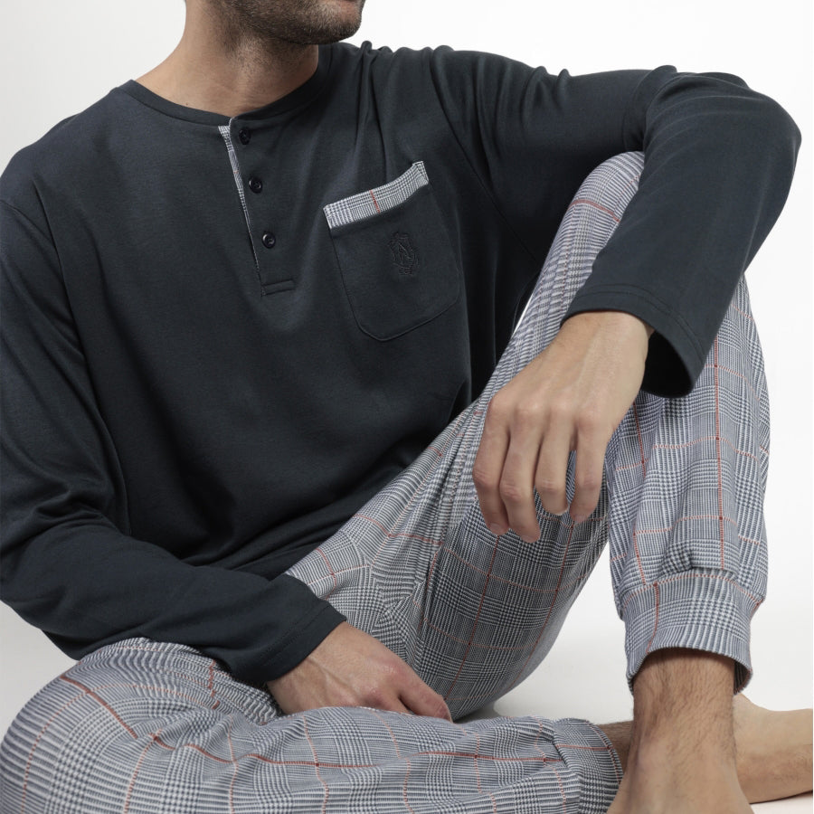 63755-0 - Pigiama uomo caldo cotone con polsini e pantalone principe galles