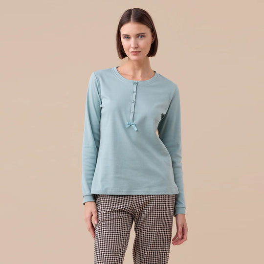 FA9265 - Pigiama donna in caldo cotone con pantalone fantasia e maglia tinta unita