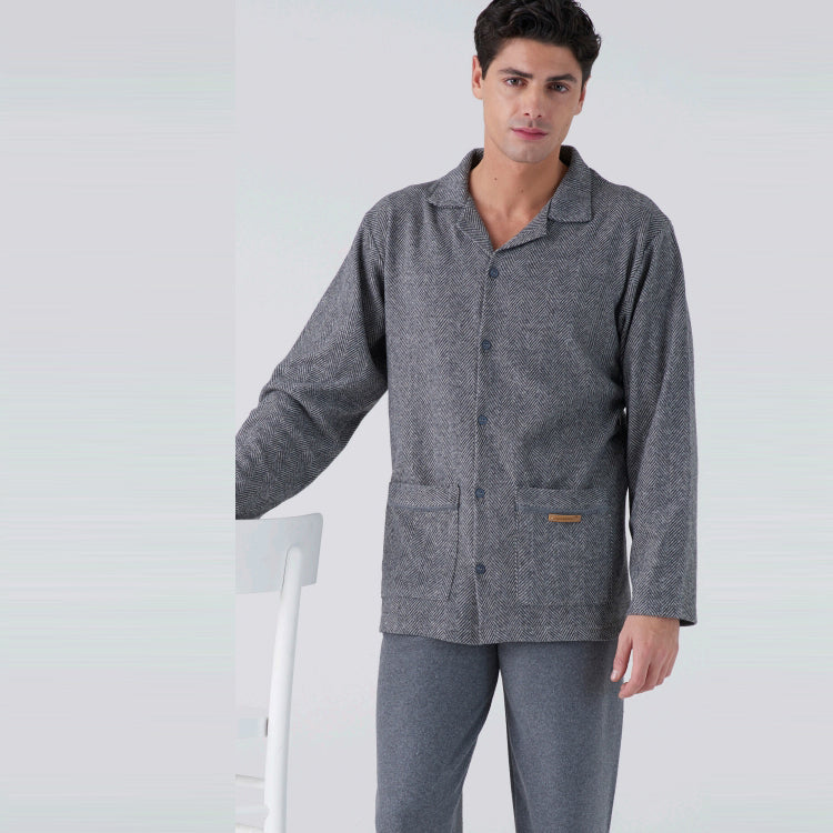 4086L - Pigiama uomo in punto milano con reever e tasche