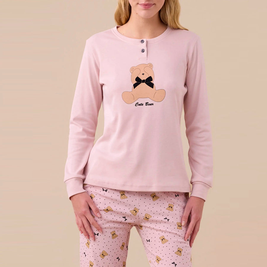 FA9251 - Pigiama donna in caldo cotone con stampa orsi e fiocchi