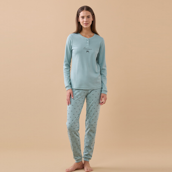 FA9733AB - Pigiama caldo cotone pantalone lungo con polsino bonjour fiocco Noidìnotte