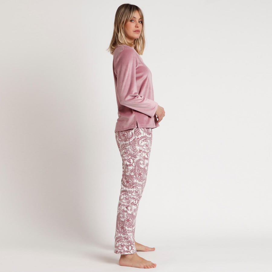 Pigiama donna in velluto con pantalone fantasia cashmere - 62654