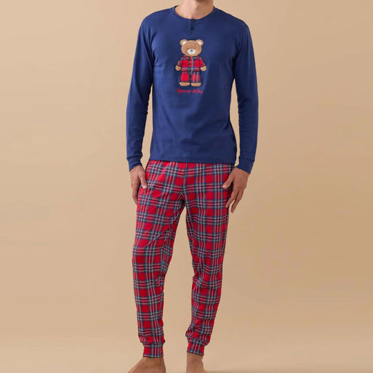 FA9284 - Pigiama donna caldo cotone orsetto tartan