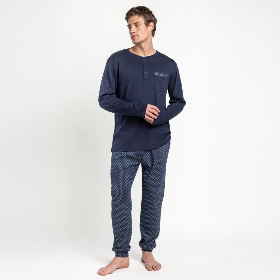 64181-0 - Pigiama a maniche lunghe in maglia di cotone interlock con colletto button-down e pantaloni lunghi