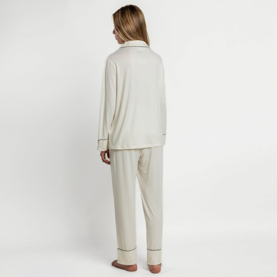 64594-0 - Pigiama aperto in morbida maglia colletto a revers e pantaloni lunghi