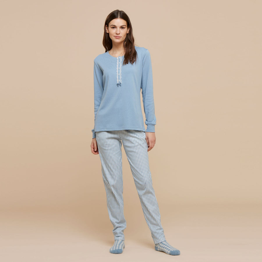 Pigiama Noidìnotte vichy in caldo cotone con scollo serafino - FA8328AB