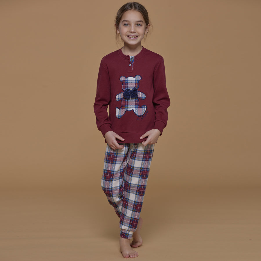 FE2161 - Pigiama bambina Natalizio Noidìnotte con pantalone tartan e maglia orsetto